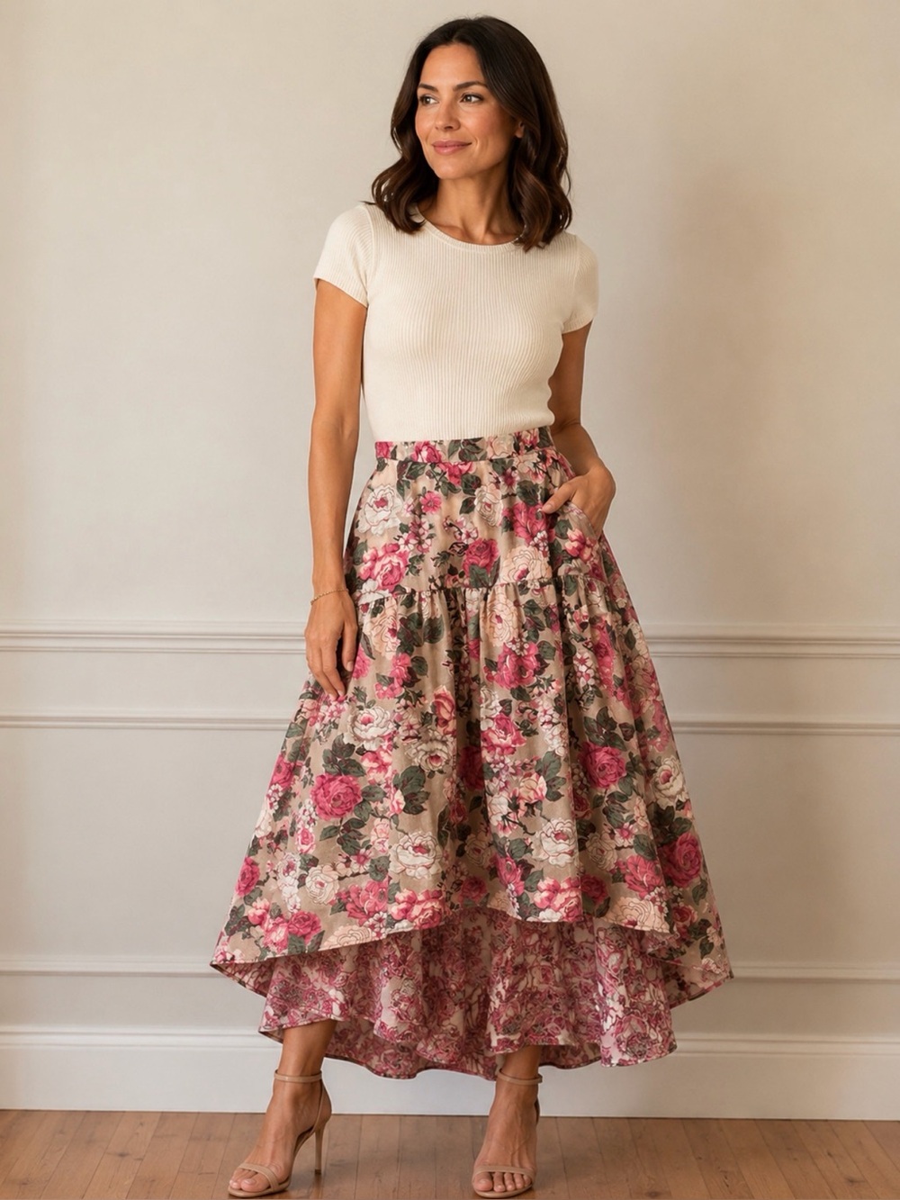 High-Low Floral Full waterfall Midi Skirt 10
